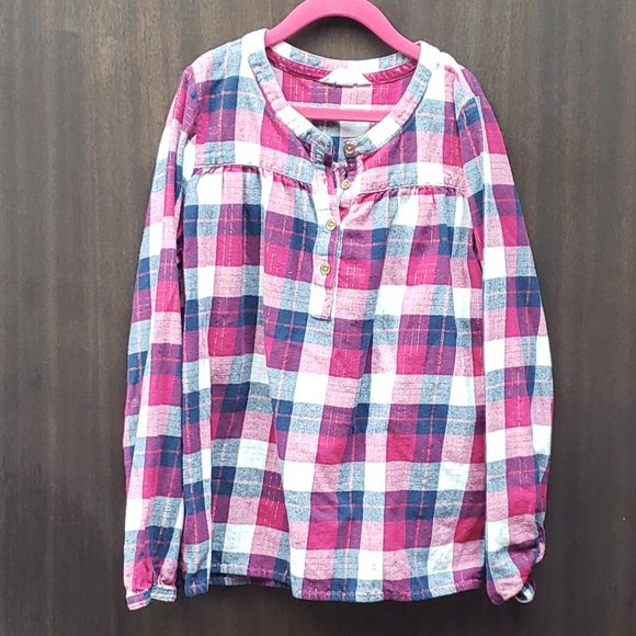 Lands End Kids Red White Blue Plaid Blouse Size 12 - Picture 1 of 7